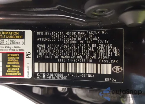 2012 Toyota Camry L/Le/Se/Se Limited Edition/Xle z USA, uszkodzony, nr VIN 4T4BF1FK8CR265110